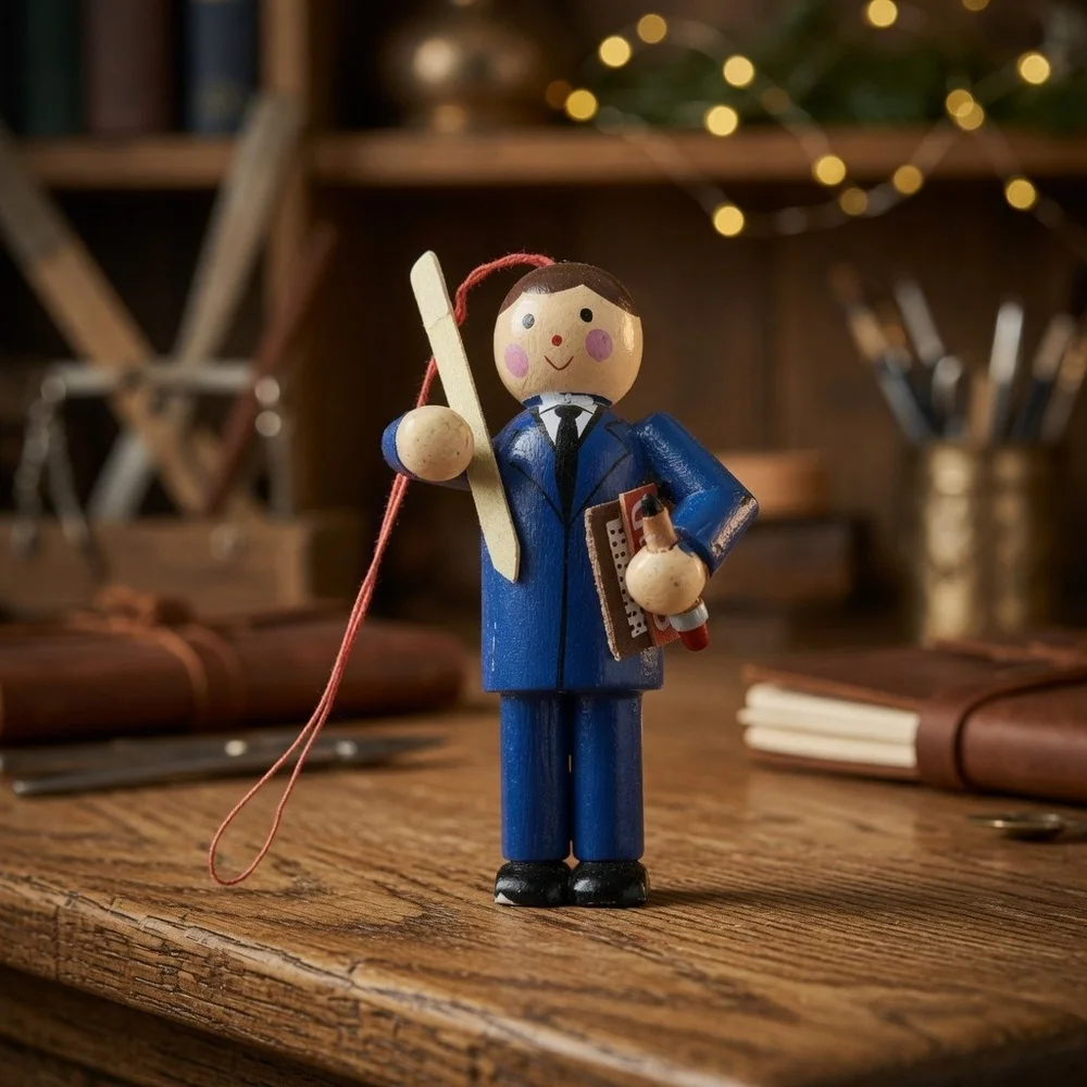Midwest Cannon Falls Wood Teacher Christmas Ornament Blue Suit 2x3